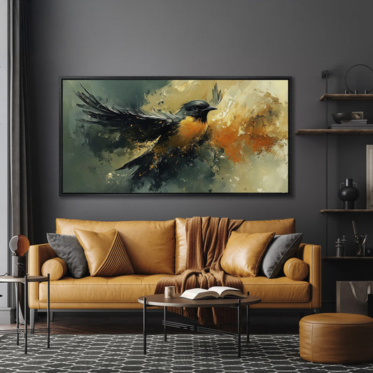 Abstract Avian Flight Canvas Print - Black Bird with Red Belly