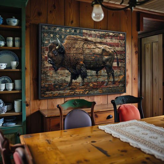 American Bison Rustic Style Canvas Print with USA Flag