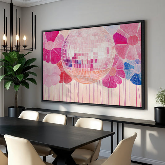 Disco Ball and Pink Flower Framed Canvas Print Boho Art