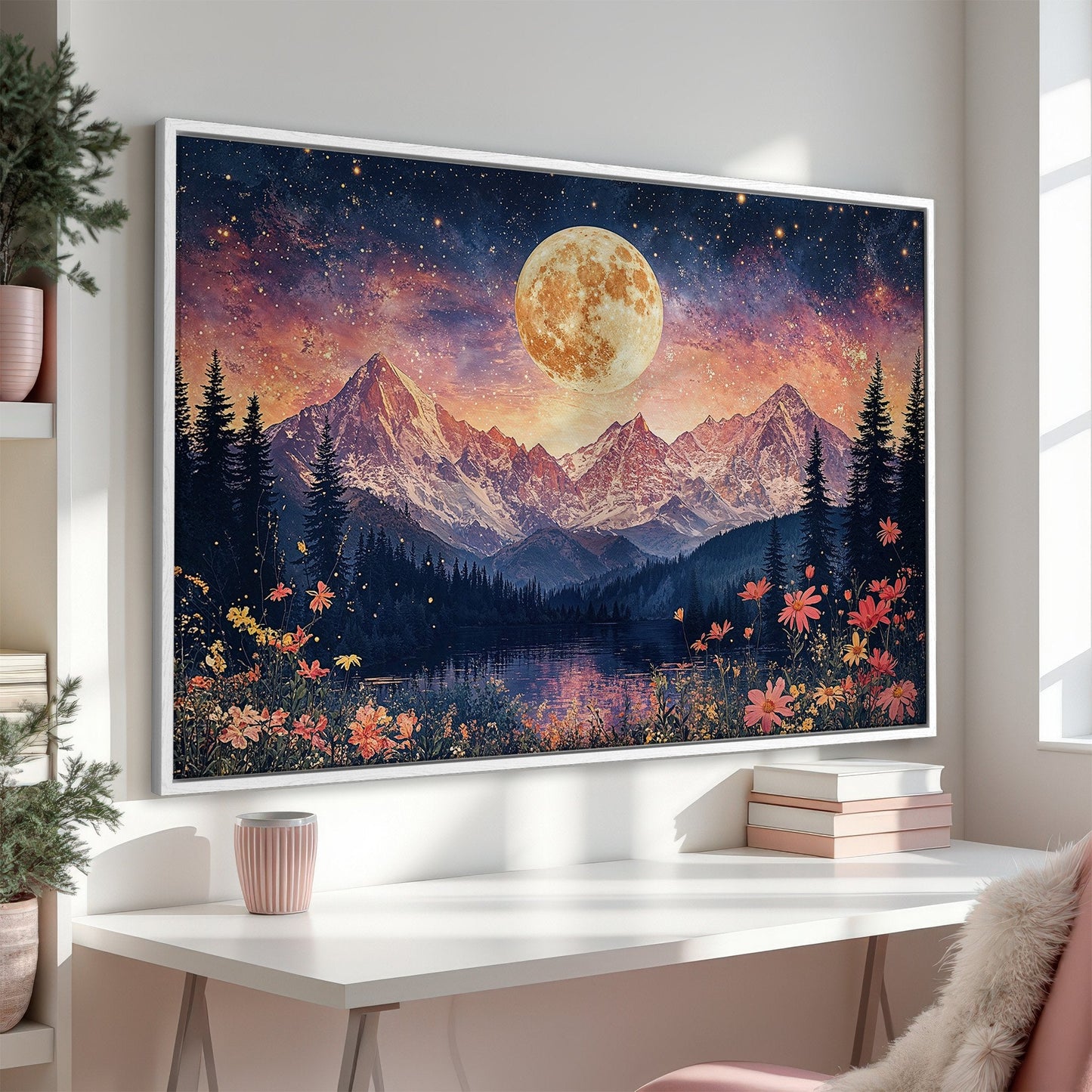 Dreamy Moonlit Mountain Landscape Canvas Print for Bedroom