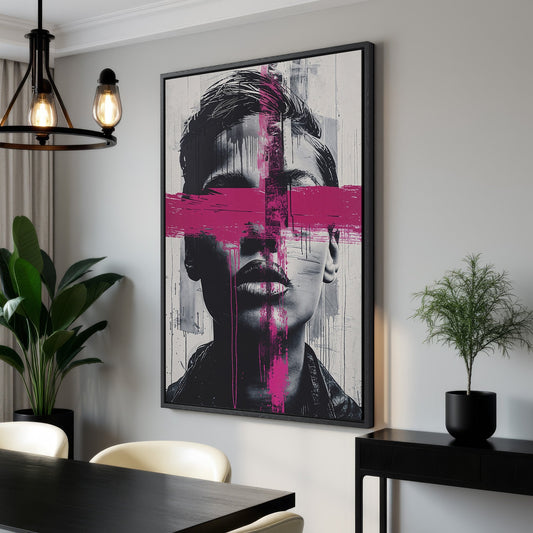 Intense Emotion Face Canvas Print with Black and Pink Streak