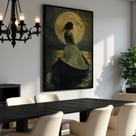 Mystical Woman in Boat Canvas Print under a Moonlit Night