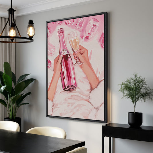 Pink Champagne Bottle Canvas Print for Trendy Bar Decor