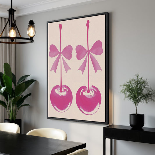 Pink Cherry Art with Bows Framed Canvas Print Decor