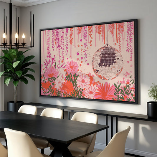 Pink Disco Ball and Pastel Floral Framed Canvas Print