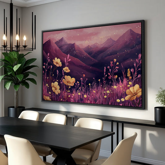 Pink Landscape with Watercolor Mountains and Wildflowers Canvas Print