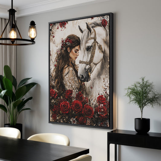 Romantic Horse and Lady Canvas Print Featuring Red Roses