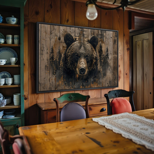 Rustic Brown Bear Canvas Print with Abstract Pine Trees