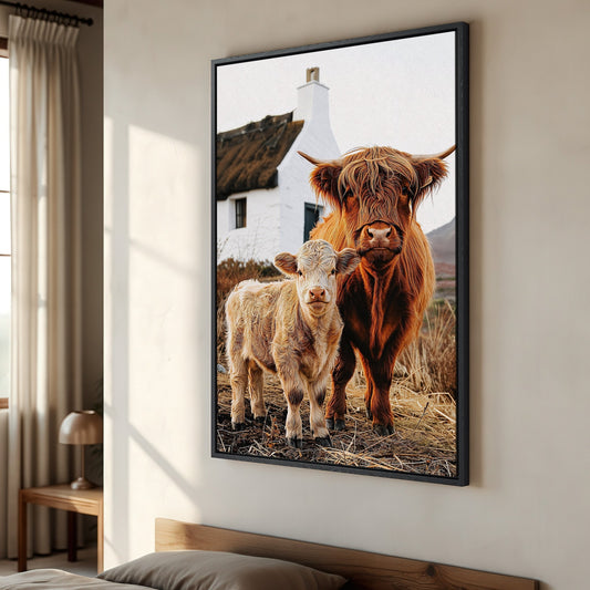 Rustic Highland Cattle and Calf Canvas Print Wall Art