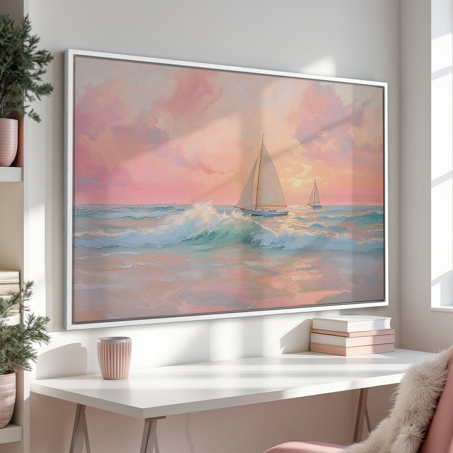 Sailboat at Sunrise Coastal Decor Framed Canvas Print