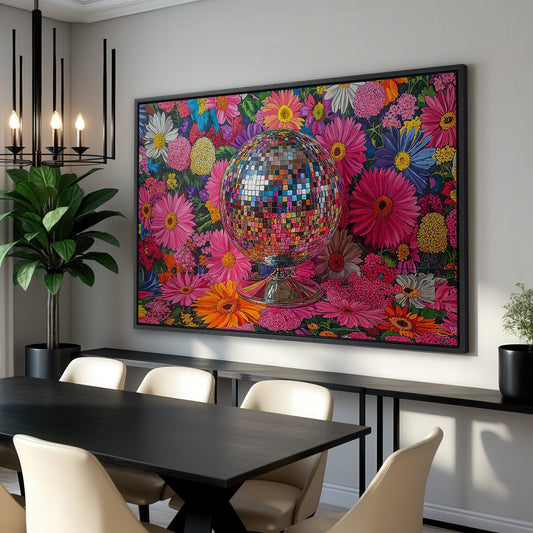 Vibrant Floral Disco Ball Canvas Print with Pink Hues
