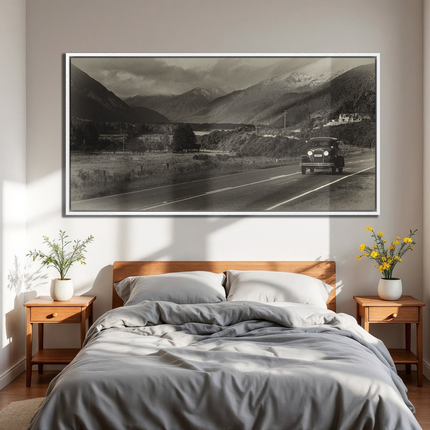 Vintage Car Canvas Print on Scenic Highway Art
