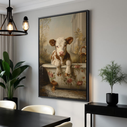 Whimsical Calf in Floral Bathtub Canvas Print Art