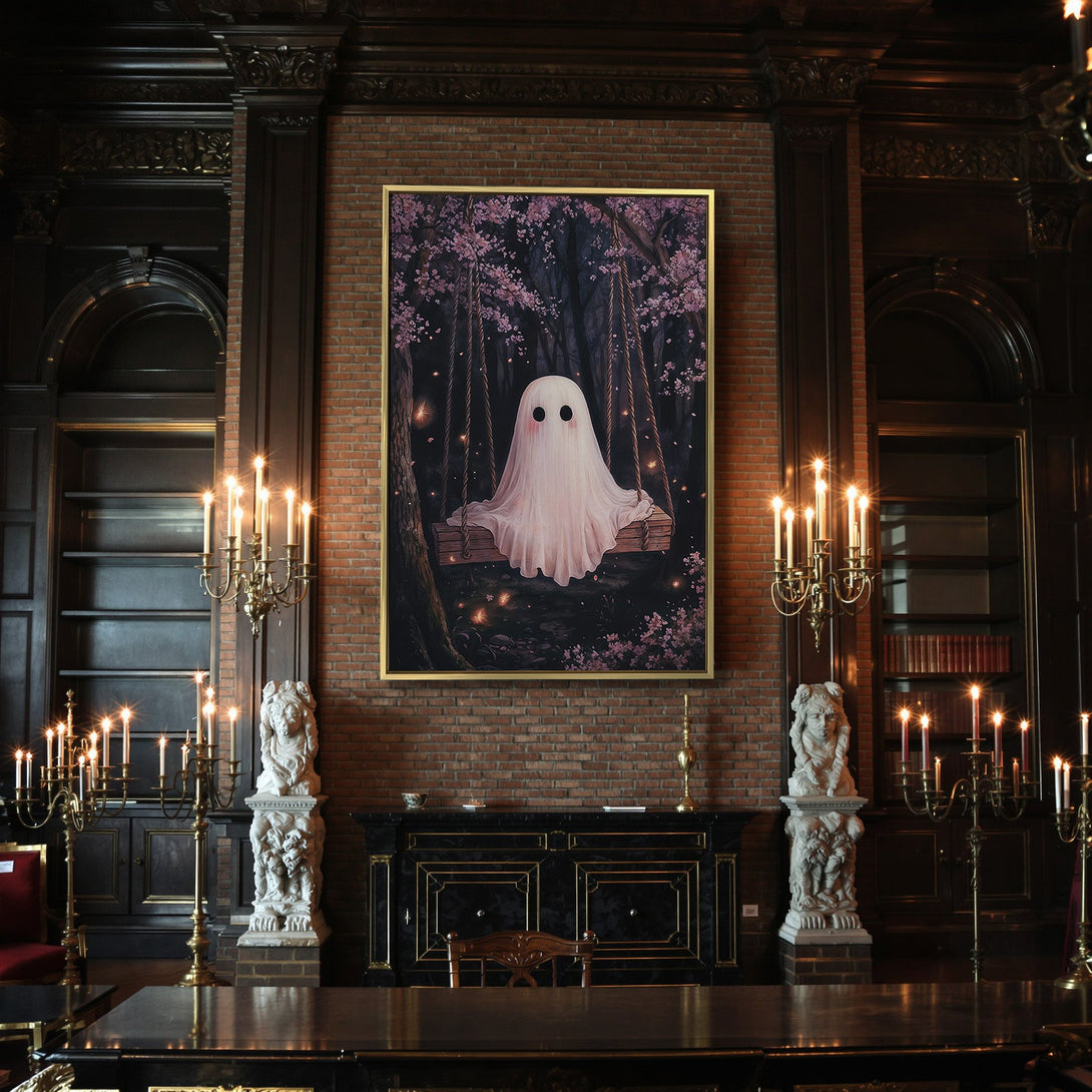 Canvas Print: Adorable ghost on a swing in a whimsical forest scene. Soft pink and dark color palette. Perfect Halloween or spooky decor.