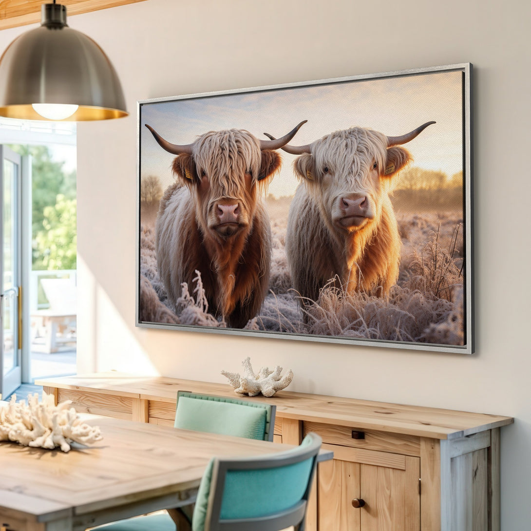 Framed Wall Art: Stunning Scottish Highland cow Canvas Print, warm neutral tones. Rustic farmhouse decor, perfect for living room or bedroom.