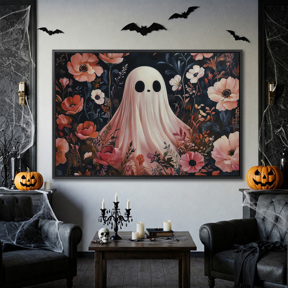 Framed Wall Art: Spooky ghost in floral design, perfect for Halloween decor. Features a dark, moody palette with pink and red flowers, adding a unique touch.