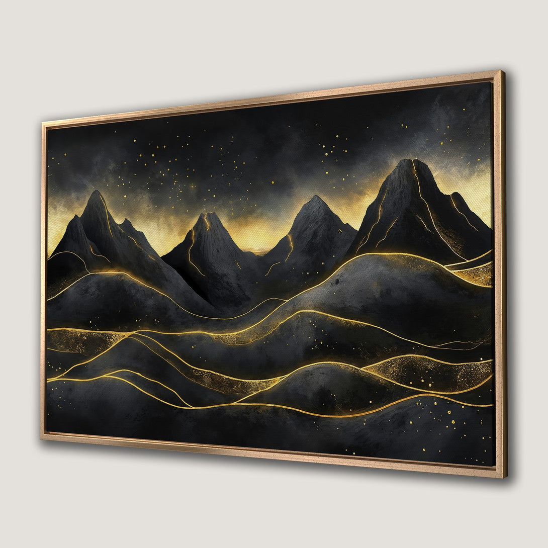 Framed Wall Art: Abstract mountain landscape in black & gold. Modern, elegant Canvas Print with a dramatic, luxurious color palette.
