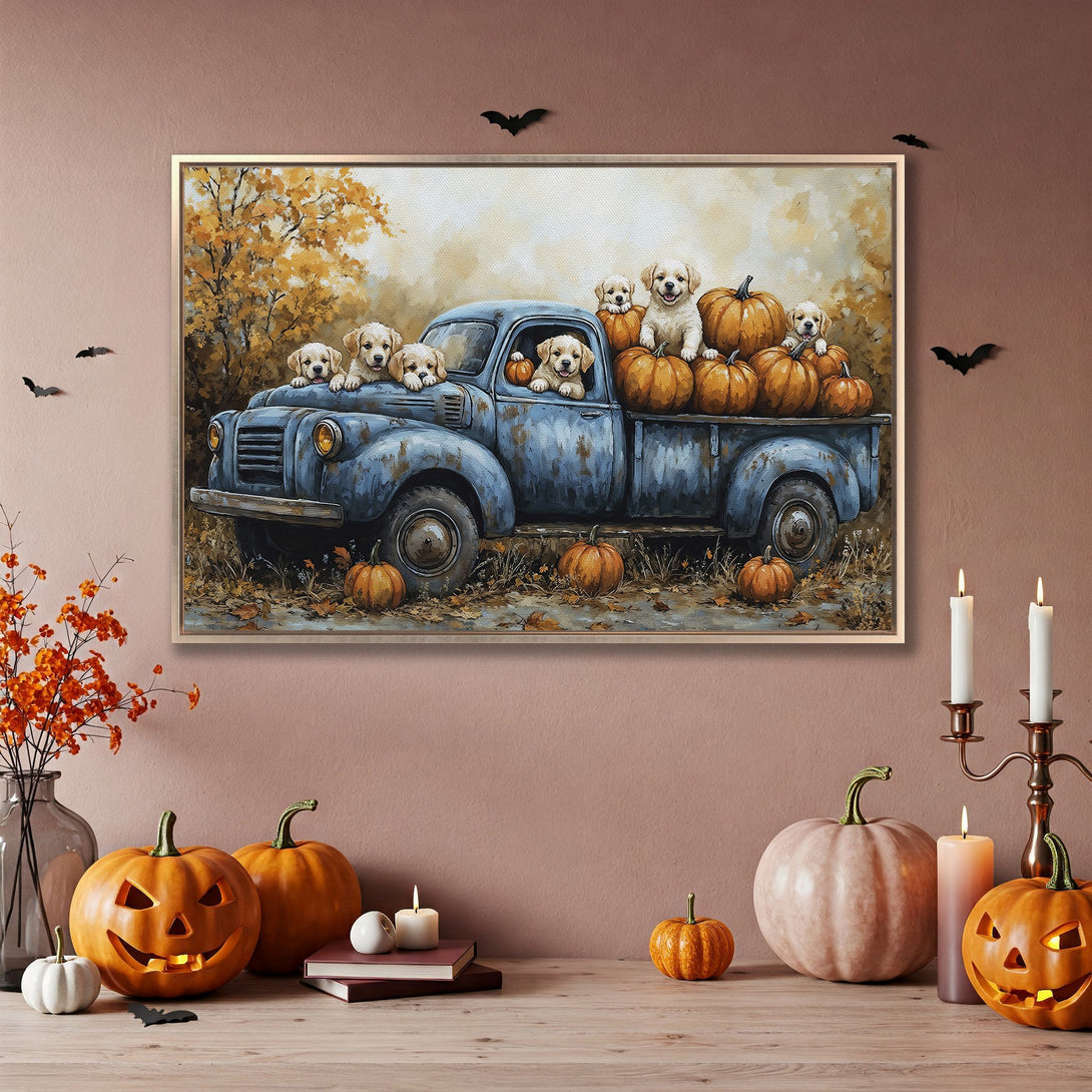Framed Wall Art: Adorable puppies in a vintage blue truck with pumpkins, autumn colors. Perfect fall decor for your home!