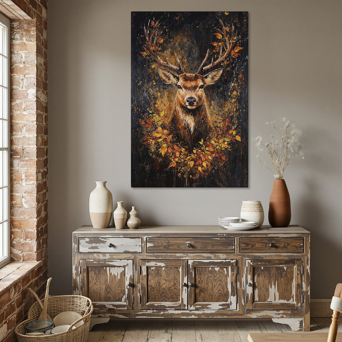 Framed Wall Art: Stunning deer painting in warm autumn colors. Perfect for adding a touch of nature and elegance to your dining room. Shop now!