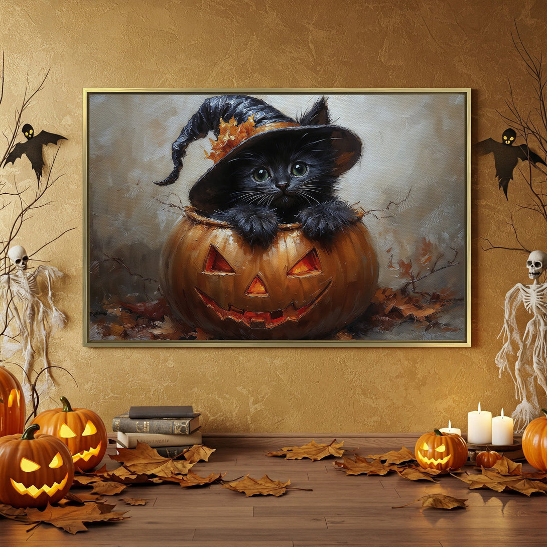 Halloween Canvas Print featuring a black cat in a pumpkin, warm orange & black color palette, perfect for festive wall decor.