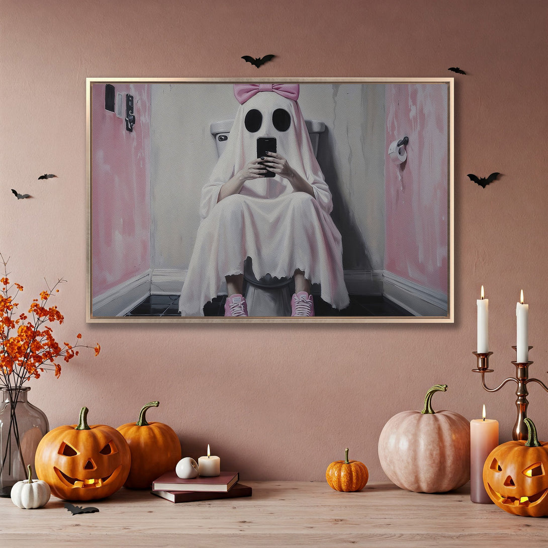 Framed Wall Art: Spooky ghost in a bathroom with pink accents, perfect for Halloween decor. Modern style, warm color palette.