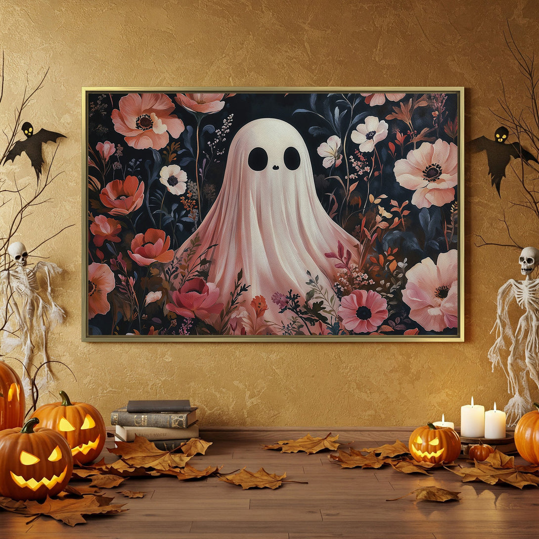 Halloween Canvas Print featuring a whimsical ghost in a floral garden, with a dark, moody color palette. Perfect spooky wall art!