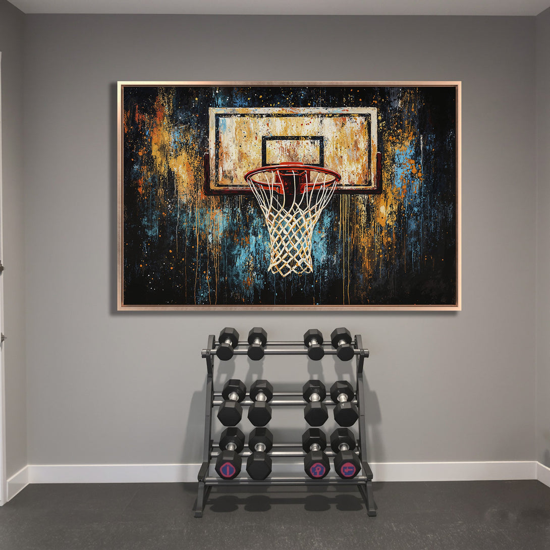 Framed Wall Art: Abstract basketball hoop art in a modern style. Features a striking black, teal, and orange color palette, perfect for home gym decor.