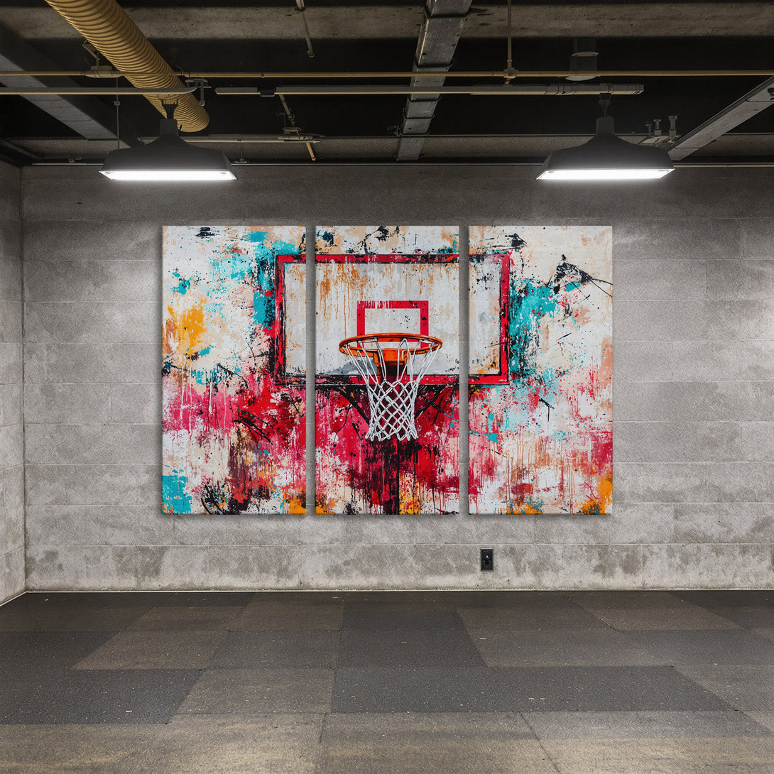 Abstract basketball Canvas Print with vibrant red, blue, and yellow paint splatters. Modern wall art for a bold statement.