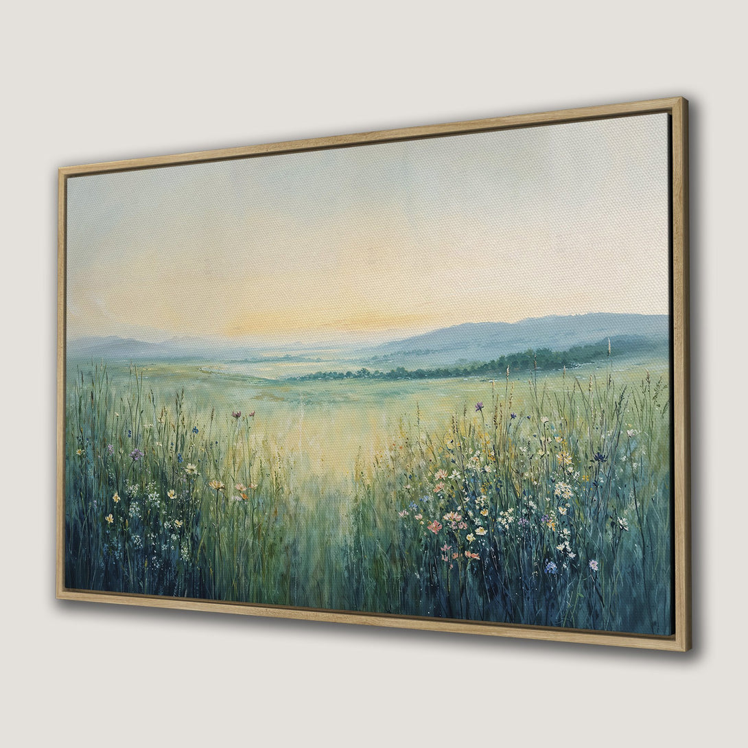 Canvas Print of a serene landscape painting with wildflowers, featuring a soft green and blue color palette, framed wall art.