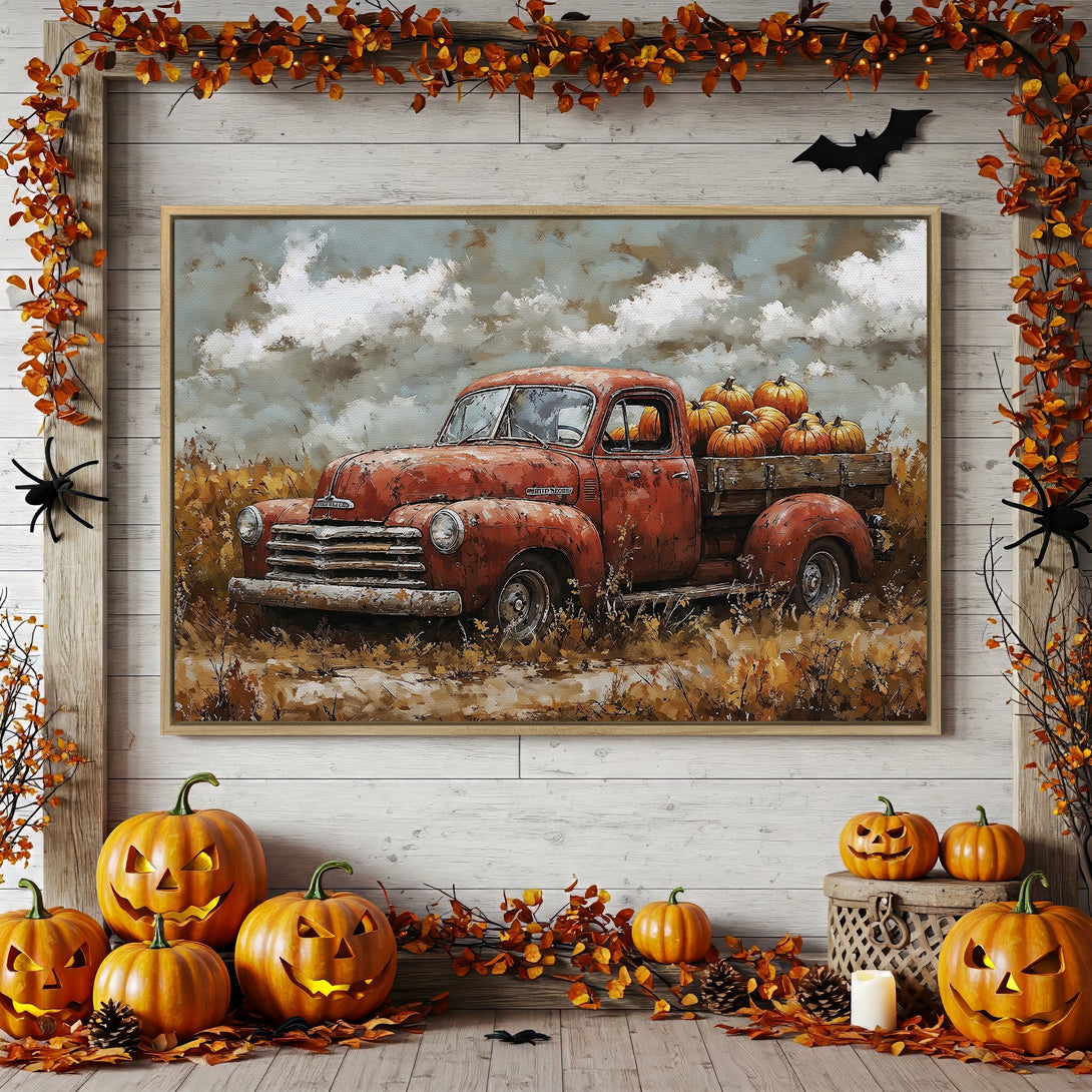 Framed Wall Art: Rustic red truck with pumpkins, autumn colors. Perfect fall decor. Canvas Print for a cozy, seasonal vibe.