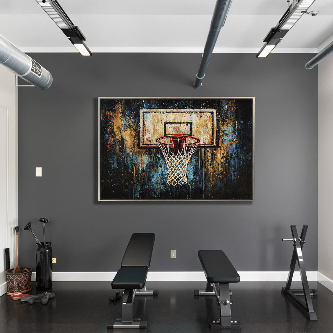 Framed Wall Art: Abstract basketball hoop art in a modern style with a vibrant orange, blue, and black color palette. Perfect for home gyms!