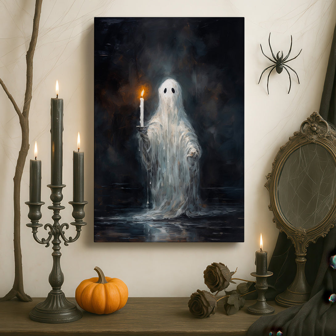 Framed Wall Art: Spooky ghost with candle, dark moody aesthetic. Dramatic canvas print with black, white, and gold color palette, perfect for Halloween decor.