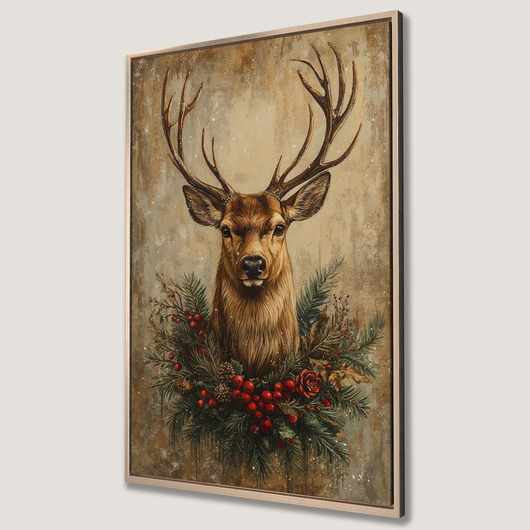 Framed Wall Art featuring a majestic deer head with a festive wreath. Rustic style, warm brown and red color palette, perfect for holiday decor.