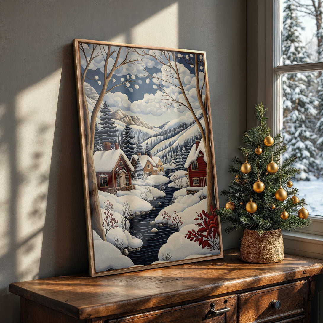 Framed Wall Art: Winter landscape Canvas Print in cozy cabin style. Featuring a snowy scene with red accents, blue sky, and warm wooden frame. Perfect for holiday decor!