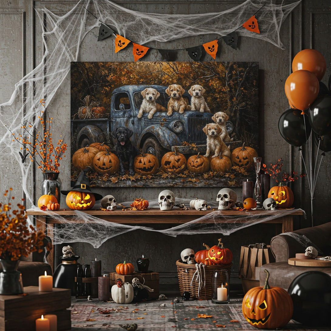 Framed Wall Art: Adorable puppies in a vintage truck with pumpkins. Warm autumn tones. Perfect Halloween decor for your home!