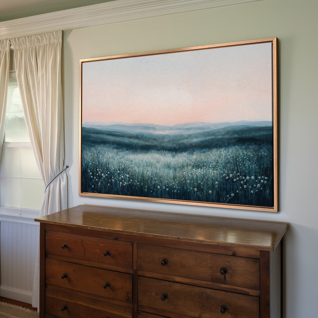 Framed Wall Art: Serene landscape Canvas Print with a soft, dreamy aesthetic. Features a blue and pink color palette, perfect for adding a touch of calm to any room.