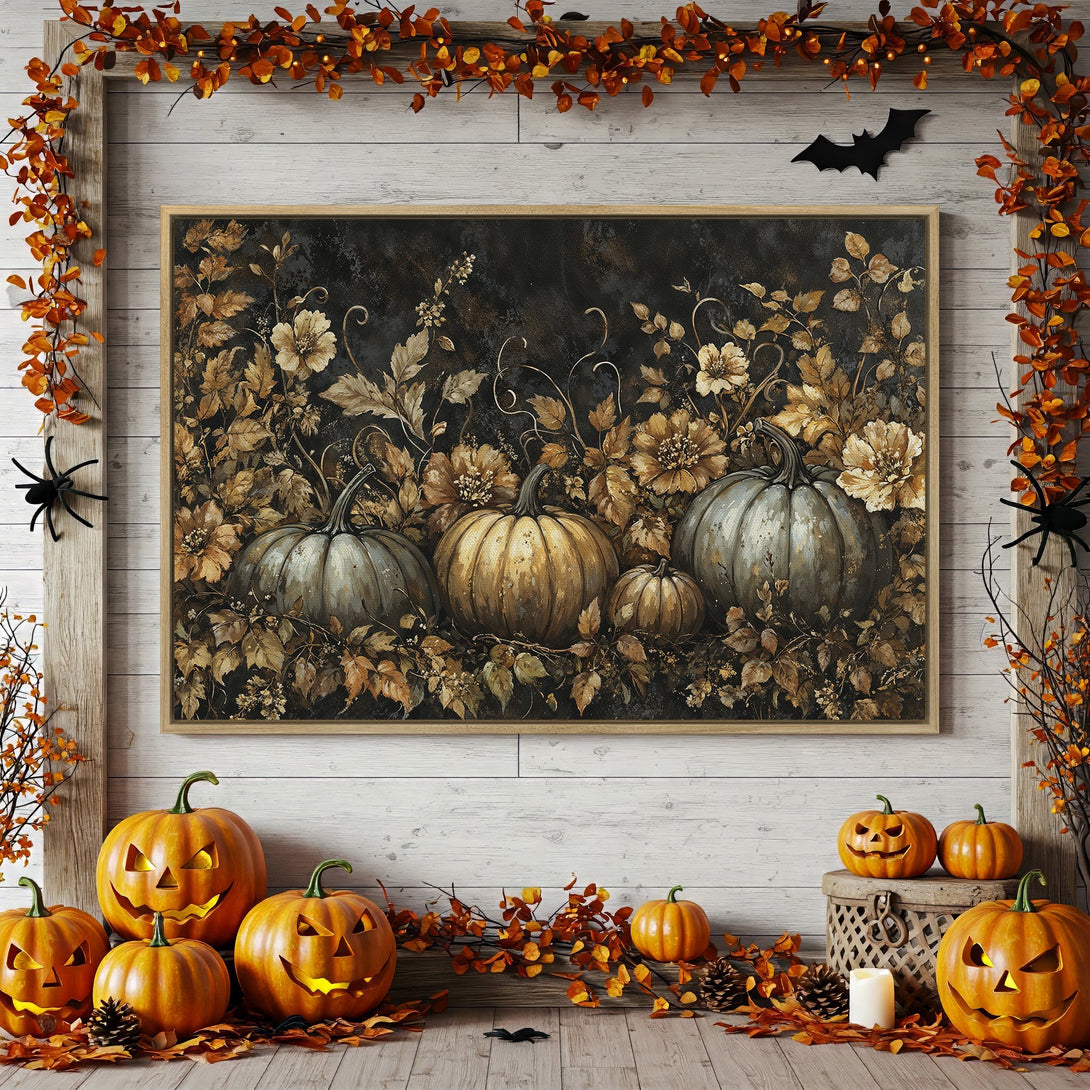 Framed Wall Art: Autumnal pumpkin print in a warm, earthy color palette. Perfect for fall decor and Halloween.