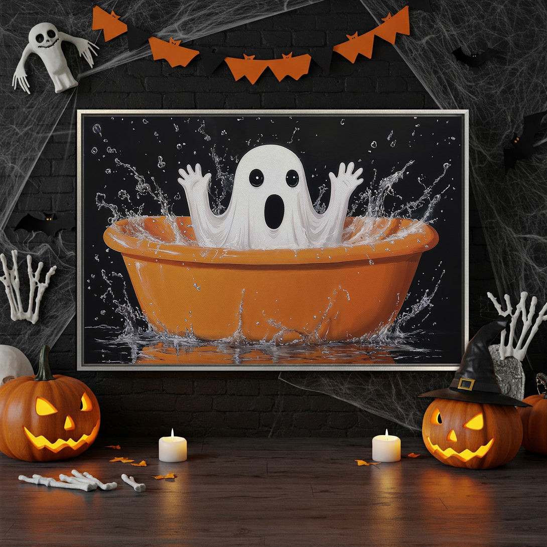 Framed Wall Art: Spooky ghost in a tub, Halloween-themed art with a black, orange, and white color palette. Perfect for seasonal decor!