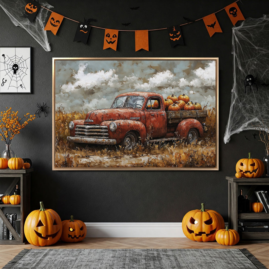 Framed Wall Art: Rustic red truck with pumpkins in a fall landscape. Warm, autumnal color palette. Perfect Halloween decor!
