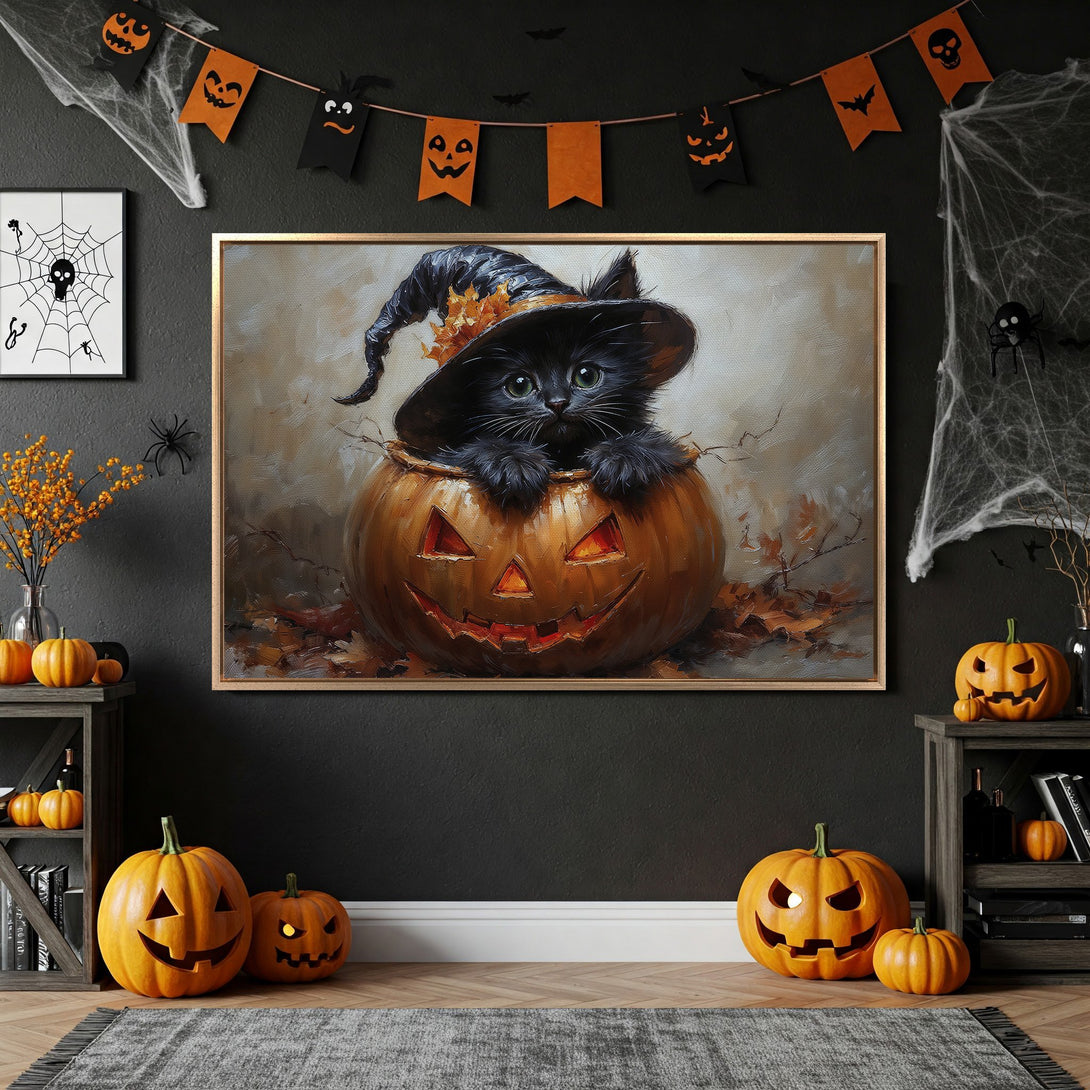Framed Wall Art: Adorable black cat in a witch hat inside a pumpkin. Warm autumn tones create a cozy Halloween vibe. Perfect for fall decor!