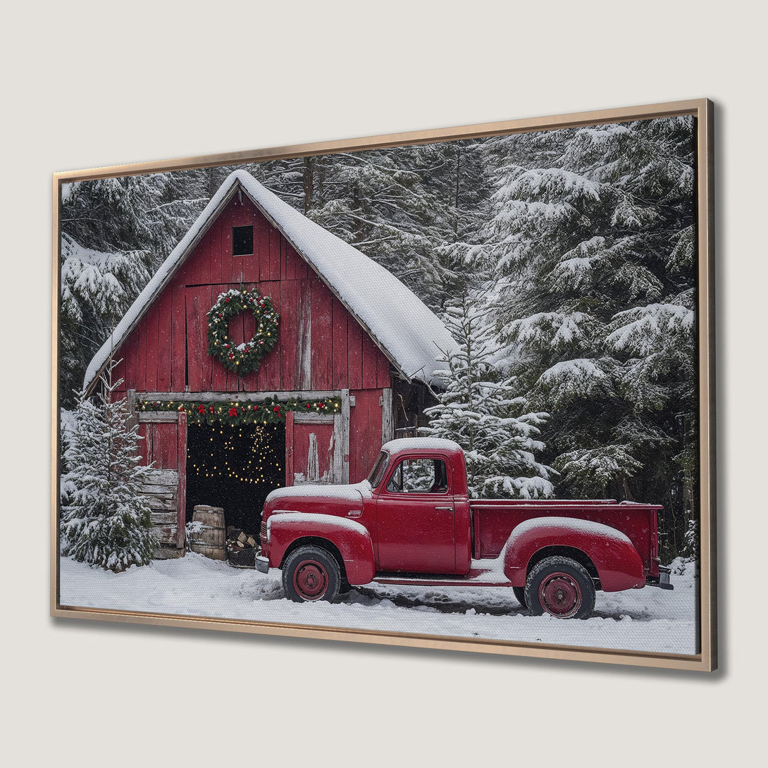 Framed Wall Art of a red truck & barn in a snowy winter scene. Rustic style, featuring red, white, and green colors. Perfect for holiday decor!