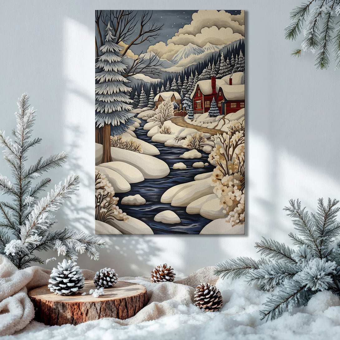 Framed Wall Art: Winter landscape Canvas Print with snowy river, red cabin, and blue/white/brown palette. Perfect holiday decor!