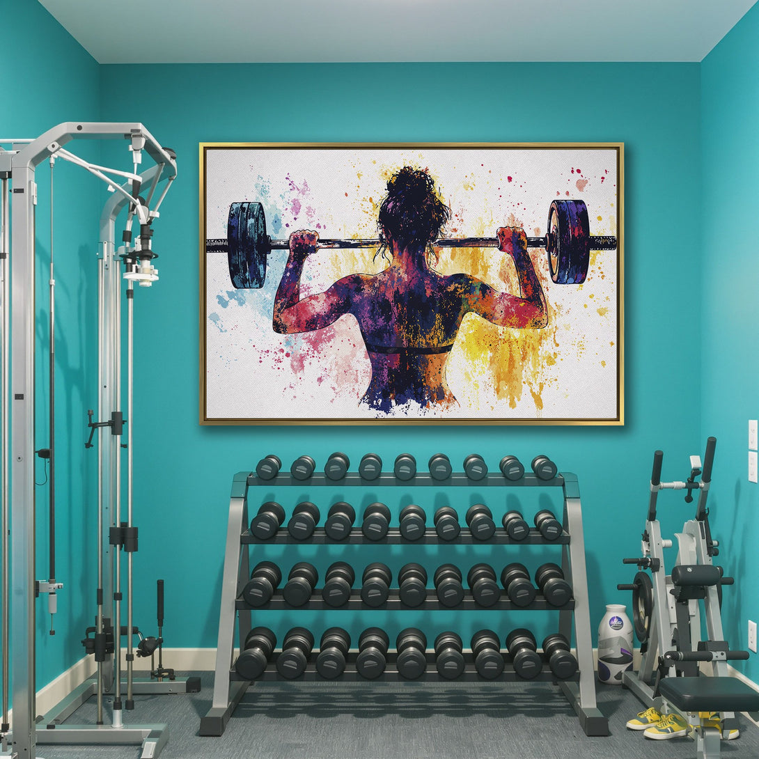 Canvas Print of a weightlifting woman in watercolor style, vibrant colors. Perfect gym decor!