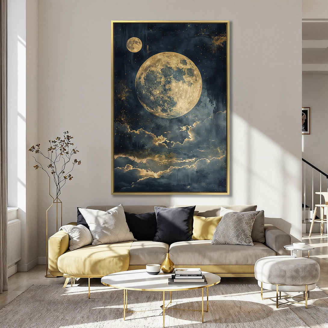 Canvas Print of a celestial moonscape in a kitchen. Dark blue, gold, and cream tones create a dreamy, artistic vibe.