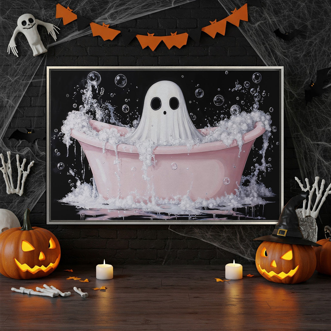 Framed Wall Art: Spooky ghost in a bubble bath. Halloween-themed artwork with a black, pink, and white color palette, perfect for seasonal decor.