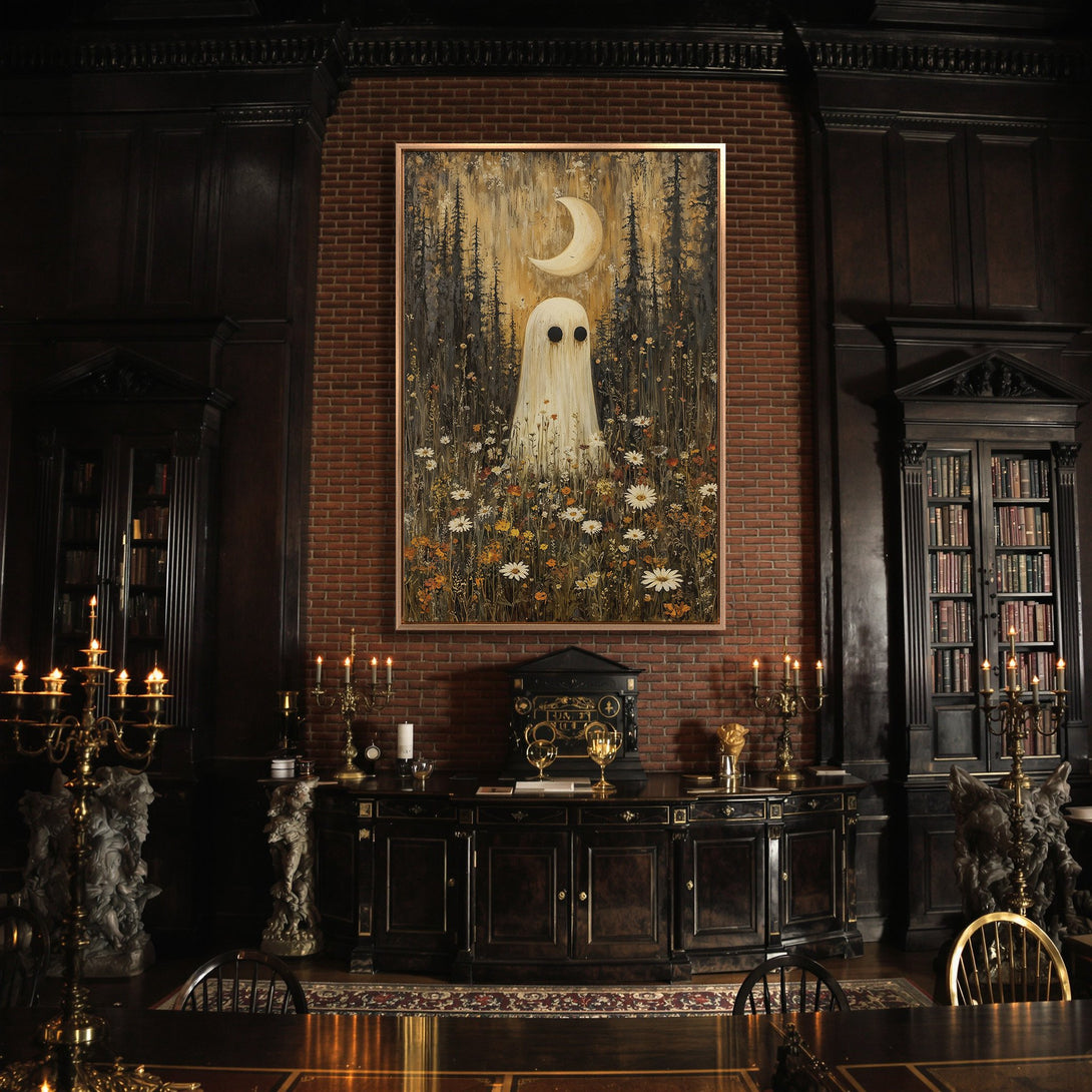 Framed Wall Art: Whimsical ghost painting with moon & flowers. Earthy color palette. Adds spooky charm to any room. Shop unique wall decor!