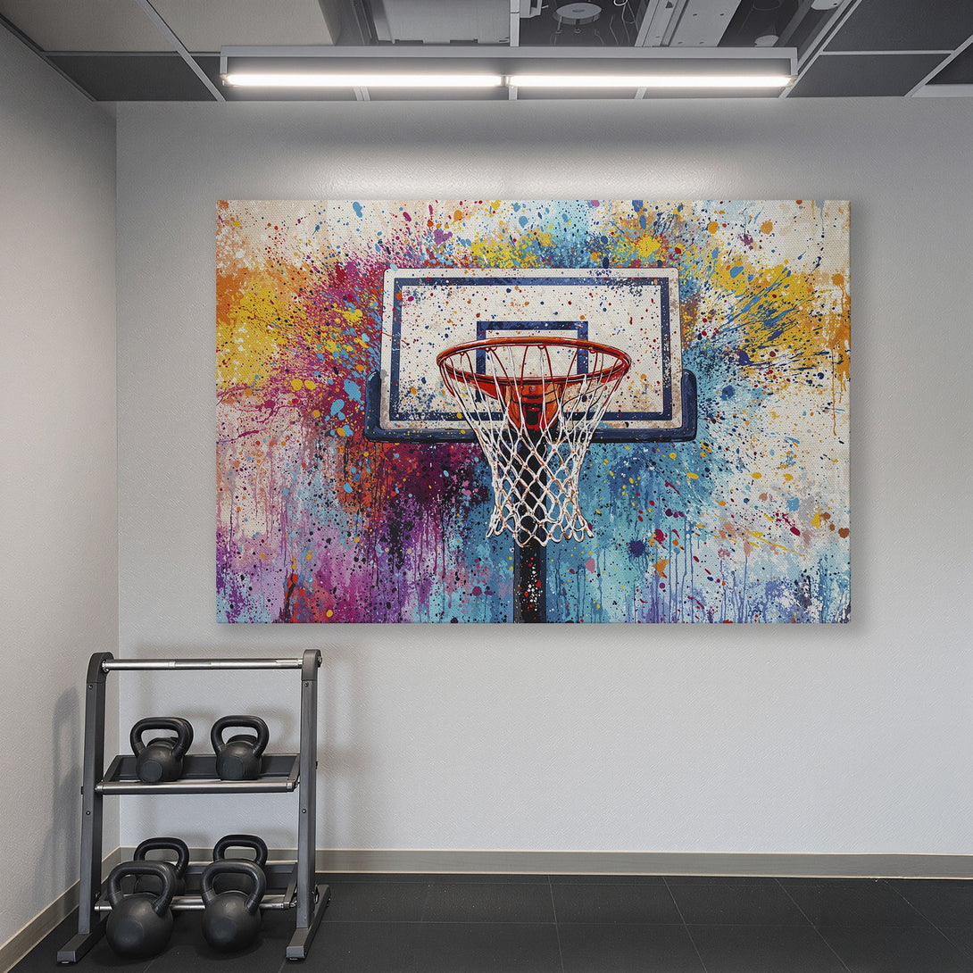 Framed Wall Art: Abstract basketball hoop canvas print with vibrant, colorful paint splatter. Perfect for home gyms & adding a pop of color!
