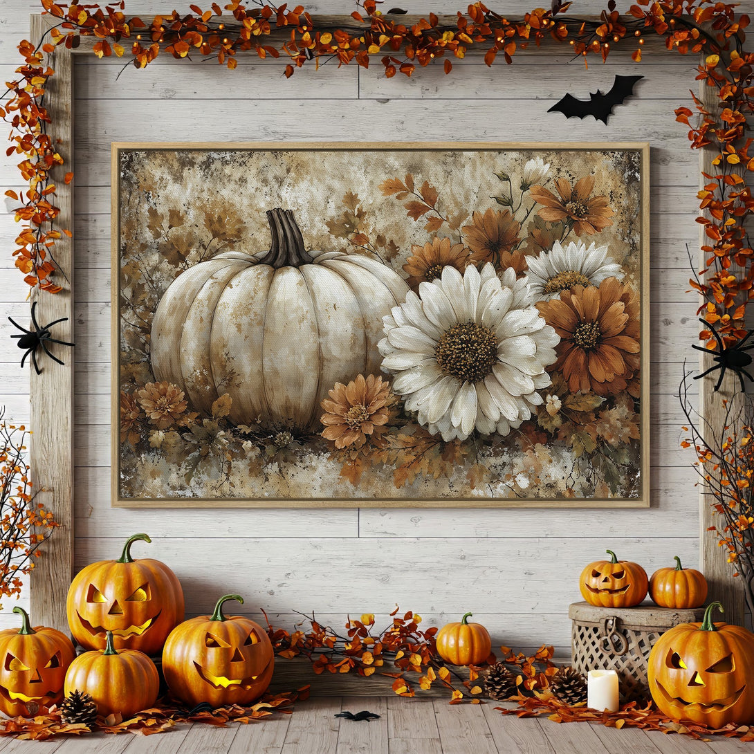 Framed Wall Art: Rustic pumpkin and floral canvas print in warm autumn tones. Perfect fall decor for your home!