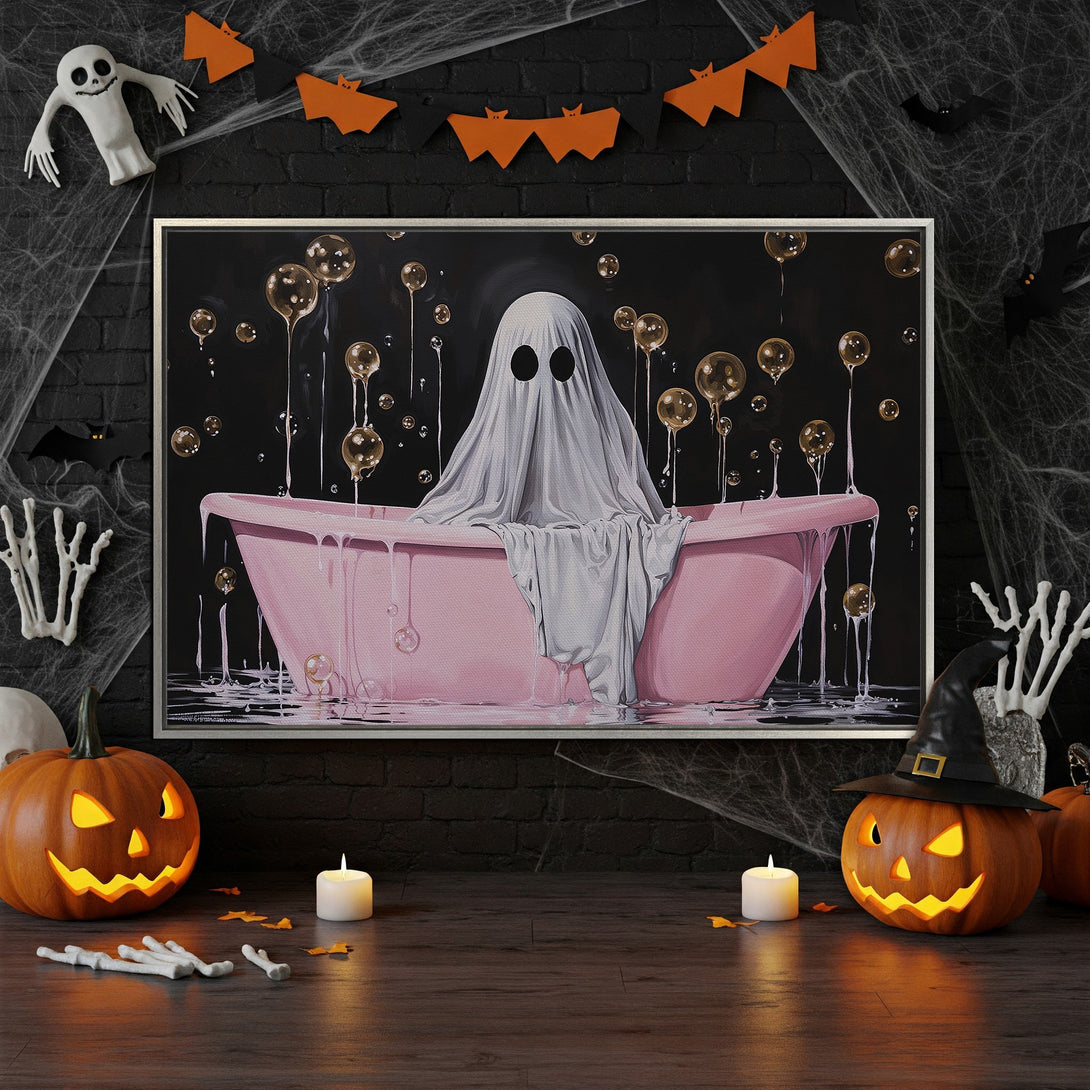 Framed Wall Art: Spooky ghost in a pink bathtub. Halloween decor with a black and pink color palette. Perfect for adding a touch of fun to your space.