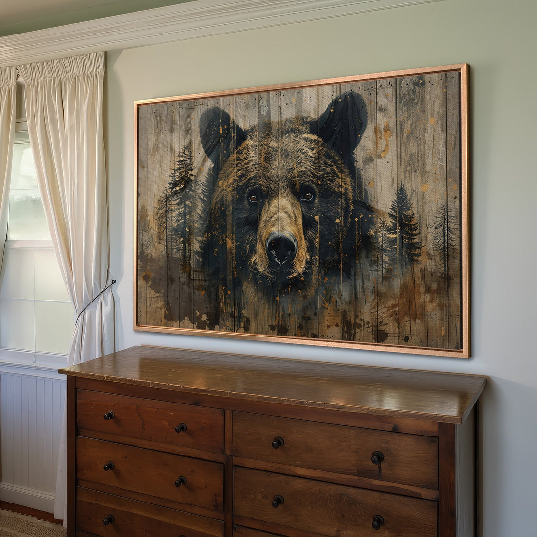 Framed Wall Art: Grizzly bear portrait in rustic style, warm brown and gold palette. Perfect for cabin decor!